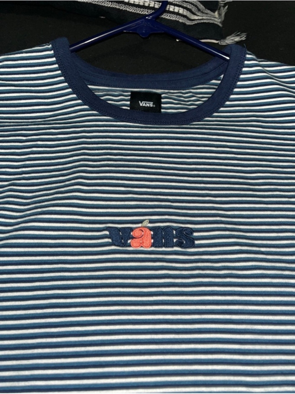 Vans Navy and White Striped Short-Sleeve Tee with Embroidered Logo